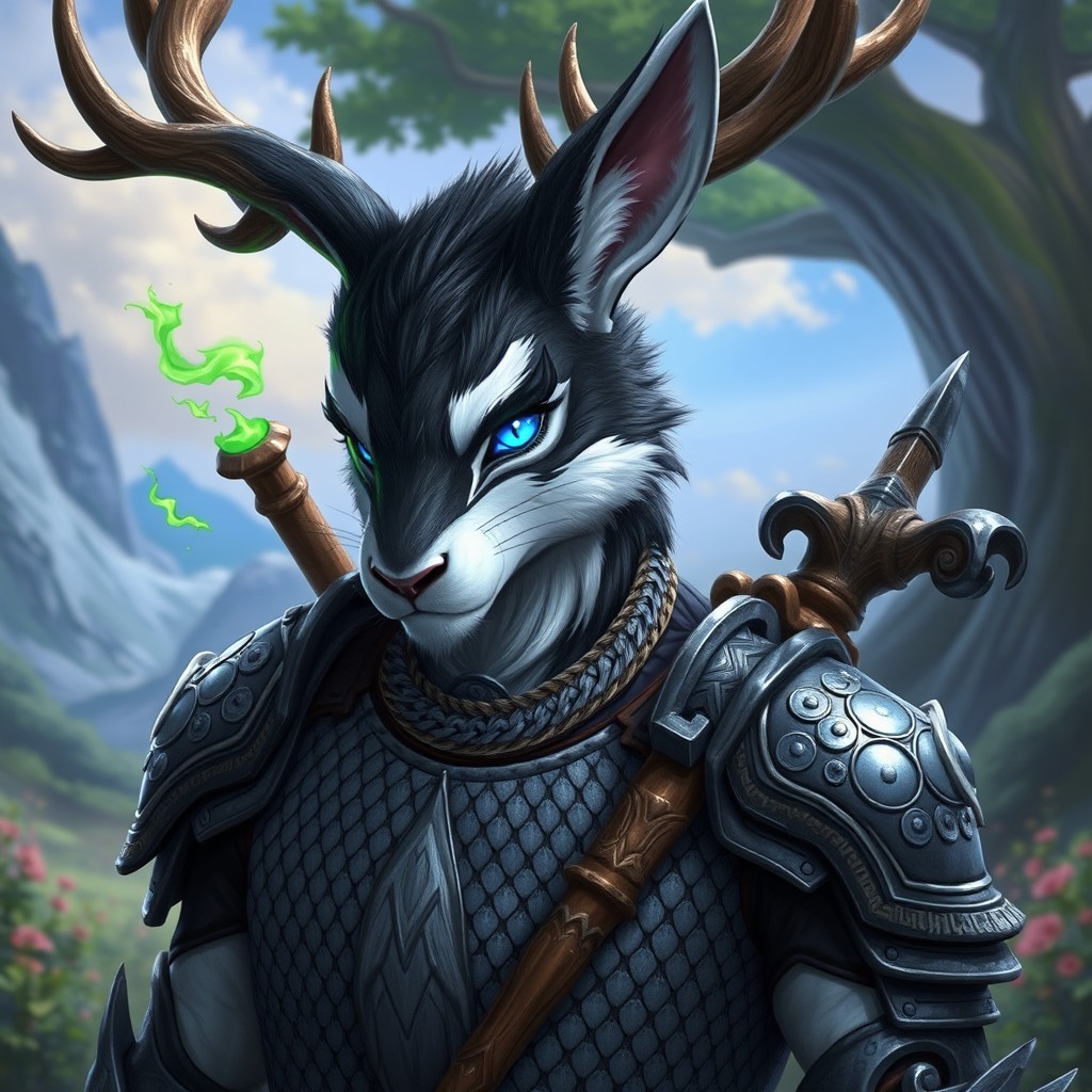 A male humanoid figure with a rabbit-like face, adorned with black and white fur, and impressive deer antlers