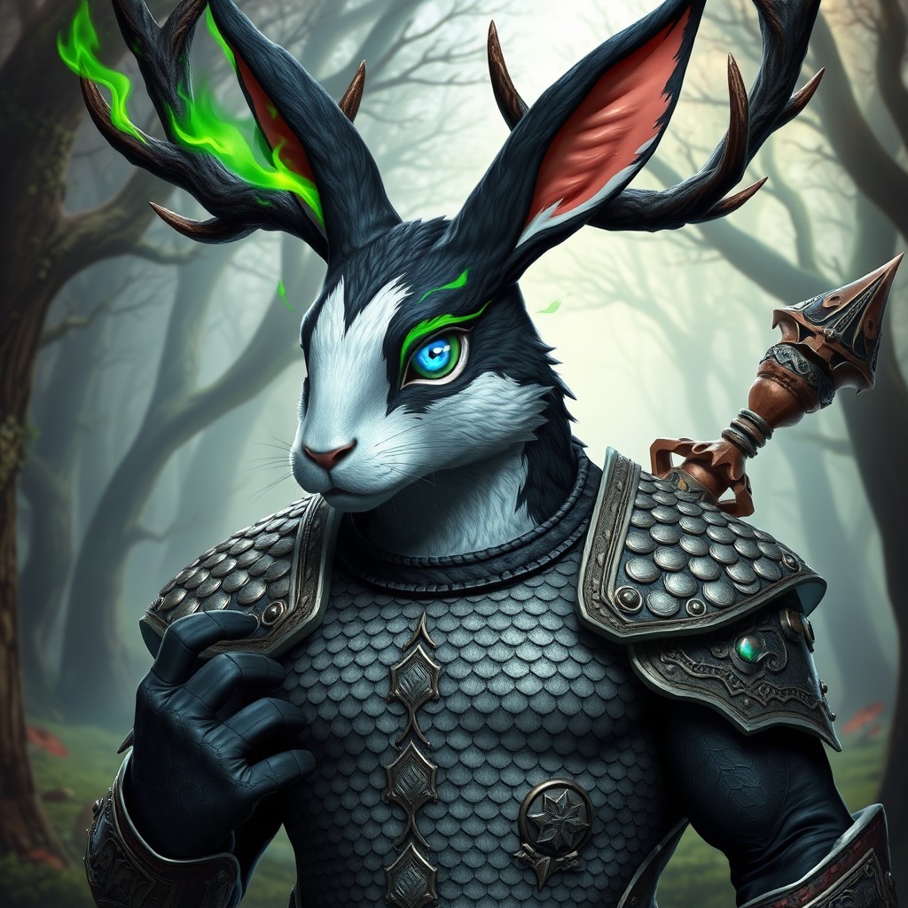 A masculine humanoid character with a rabbit face adorned in striking black and white fur