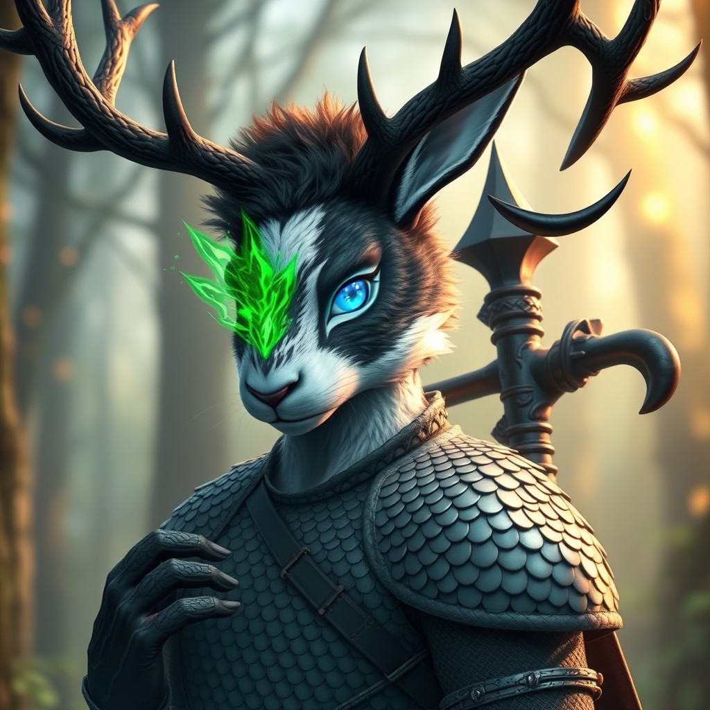 A male humanoid character with a rabbit face featuring striking black and white fur