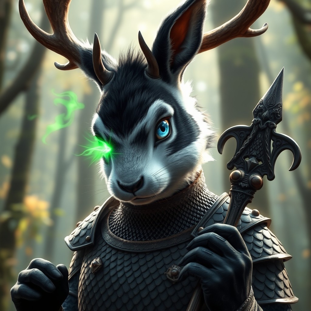 A male humanoid character with a rabbit face showcasing striking black and white fur