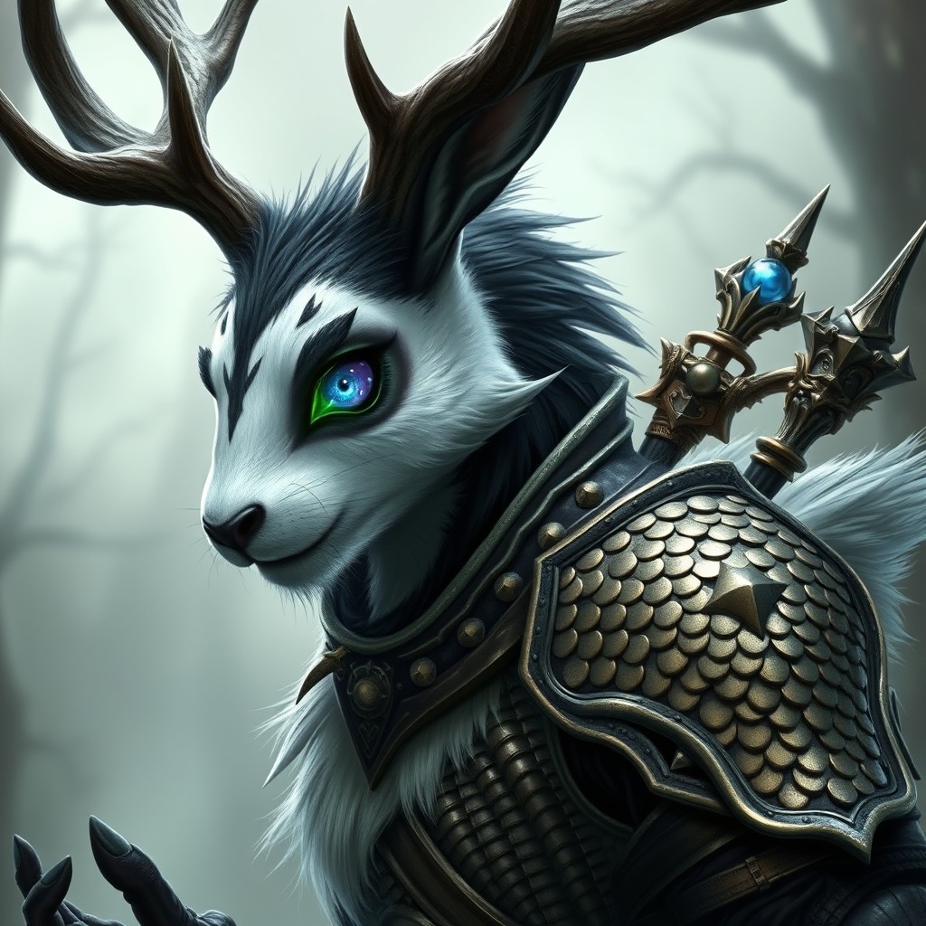 A fantastical humanoid creature with a rabbit head and large deer antlers, featuring striking black and white fur