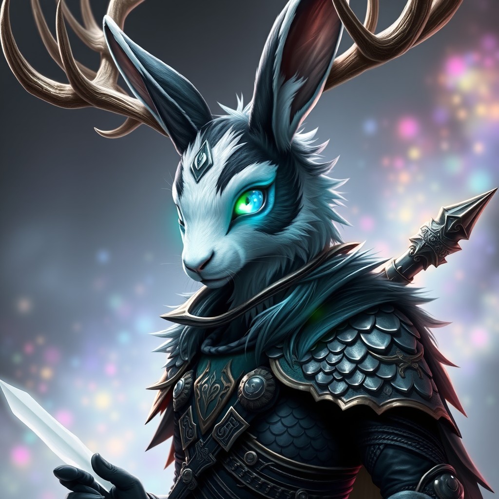 A fantastical humanoid character with a rabbit head and majestic deer antlers, showcasing a striking coat of black and white fur
