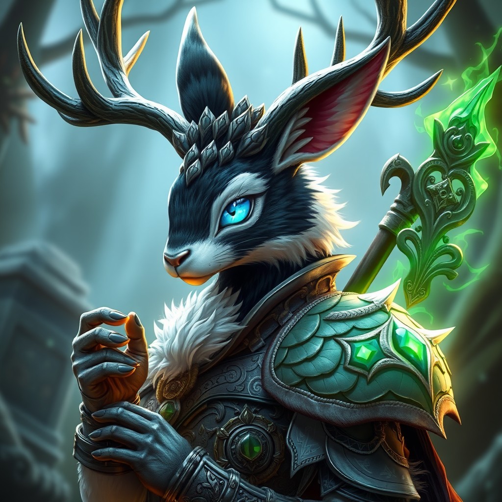 A fantastical humanoid creature with a rabbit head and impressive deer antlers, showcasing a striking coat of black and white fur