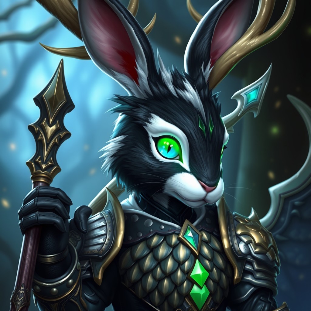 A captivating humanoid character with a rabbit head adorned with majestic deer antlers, featuring a stunning coat of black and white fur