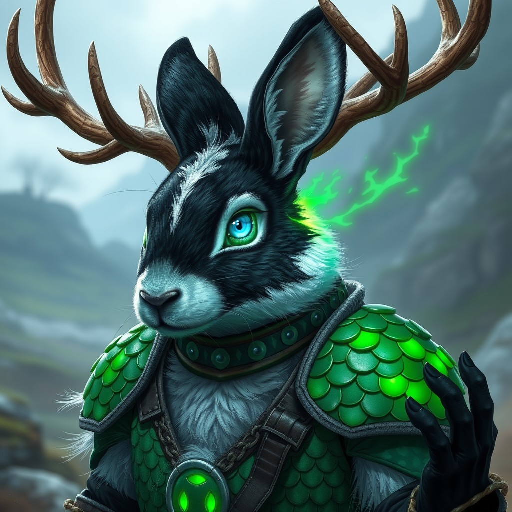 A DND character portrayed as a cleric, featuring a human body with a distinctive rabbit head adorned with majestic deer antlers