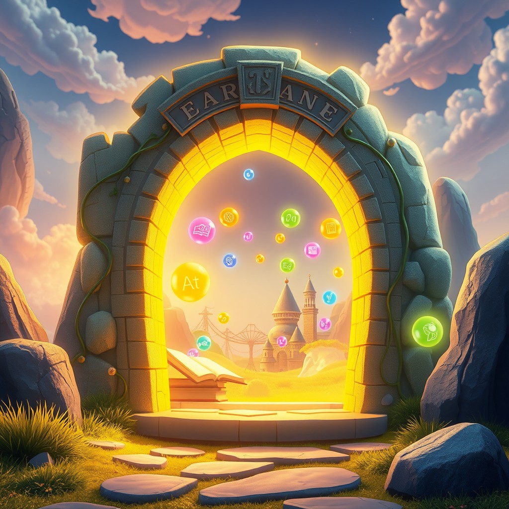 An animated image of a glowing yellow portal set in a magical, fantasy landscape