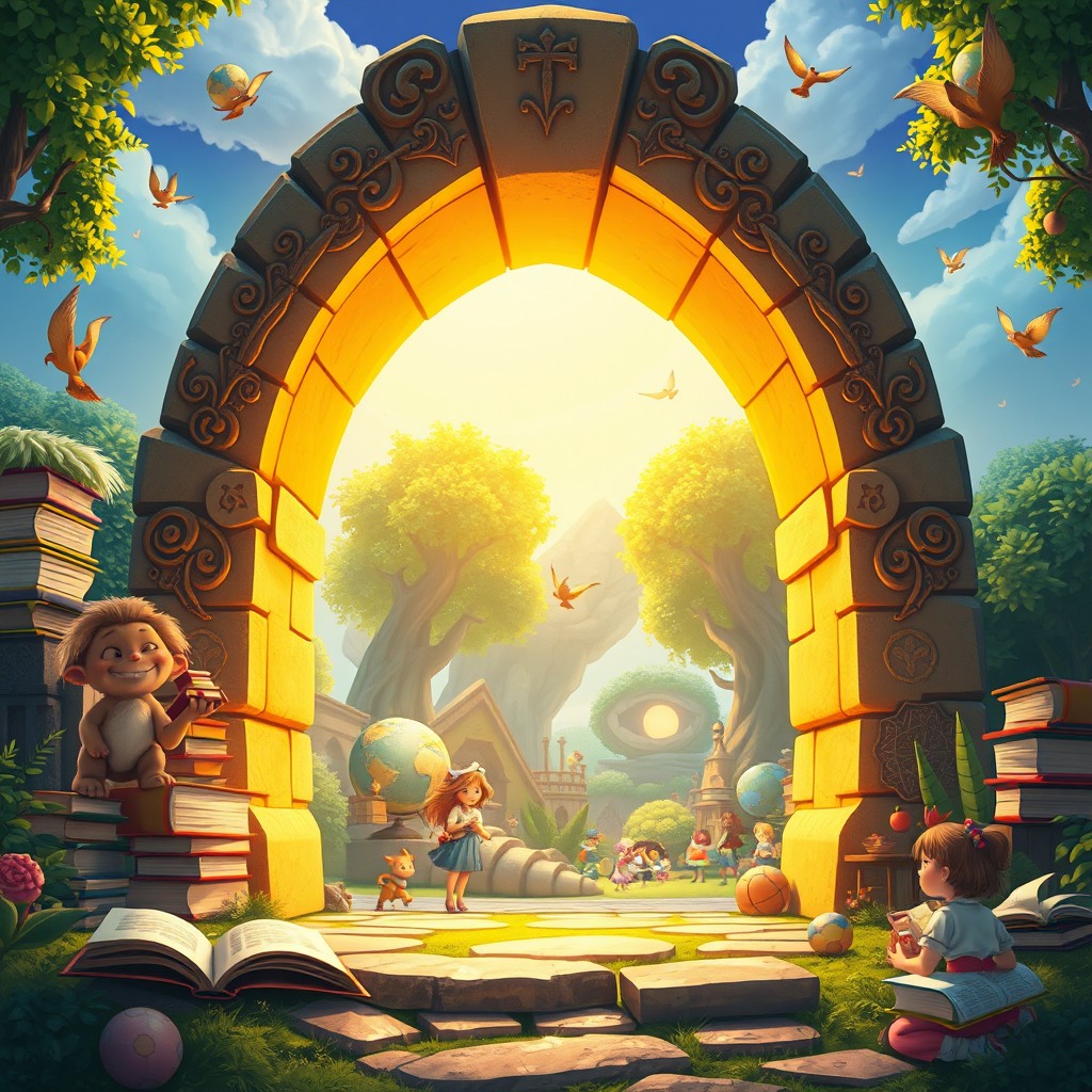 An enchanting animated image of a magical portal that leads into a wonderful world of learning, featuring a grand stone archway