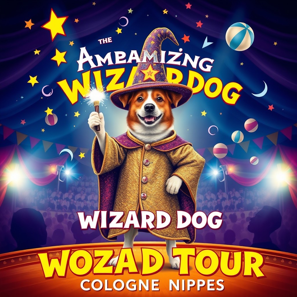 A whimsical circus poster featuring a dog dressed as a wizard, wearing a sparkling robe, a tall pointed hat, and holding a magic wand