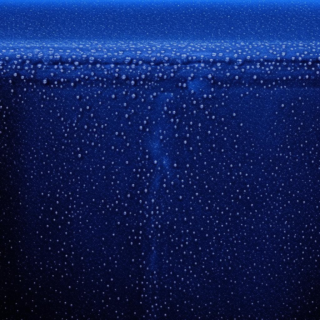 Glistening water droplets cascading against a deep blue background.