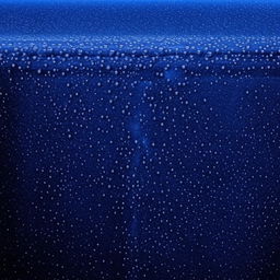 Glistening water droplets cascading against a deep blue background.