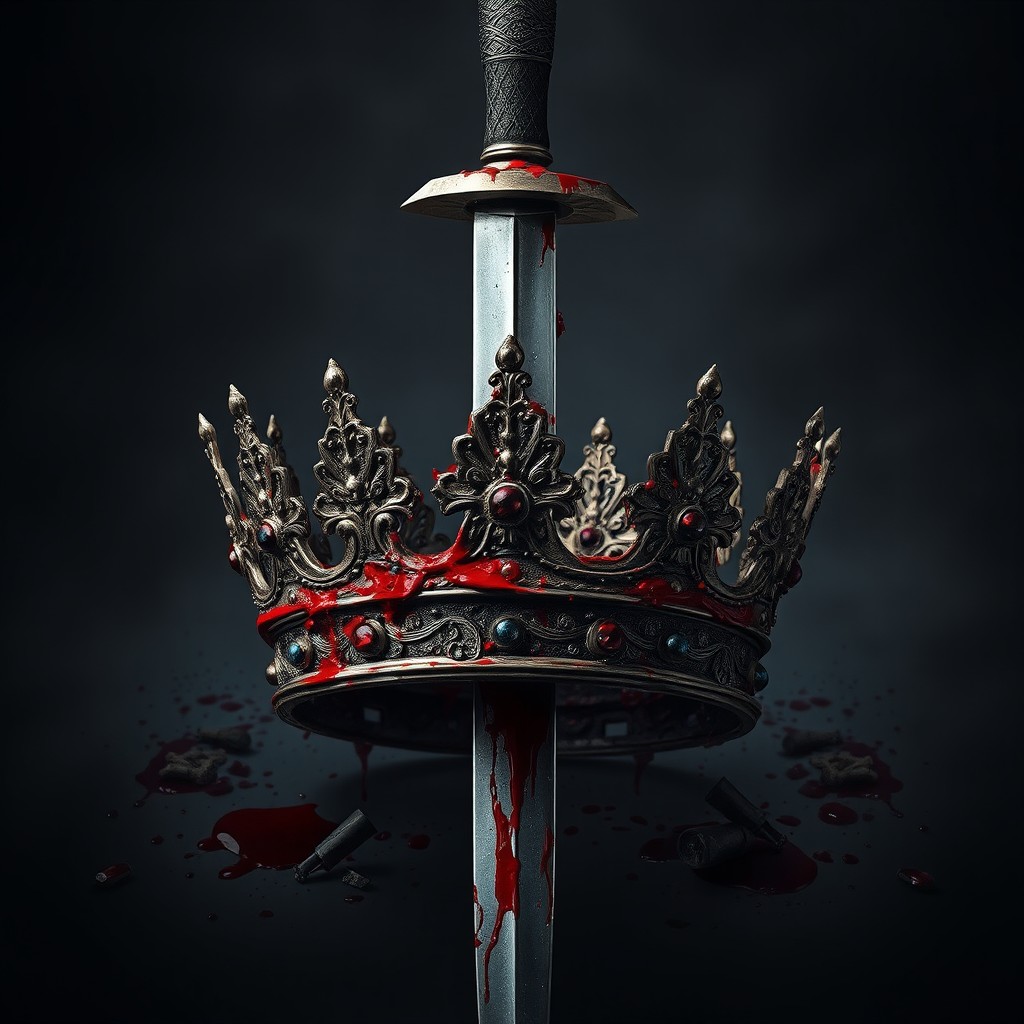 A dramatic, artistic representation of a broken crown covered in blood, with a sword piercing through it