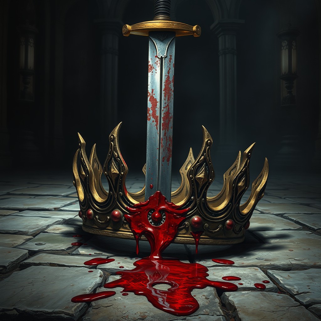 A detailed and dramatic depiction of a bloody broken crown, cracked in multiple places and tarnished, lying on an ancient stone floor