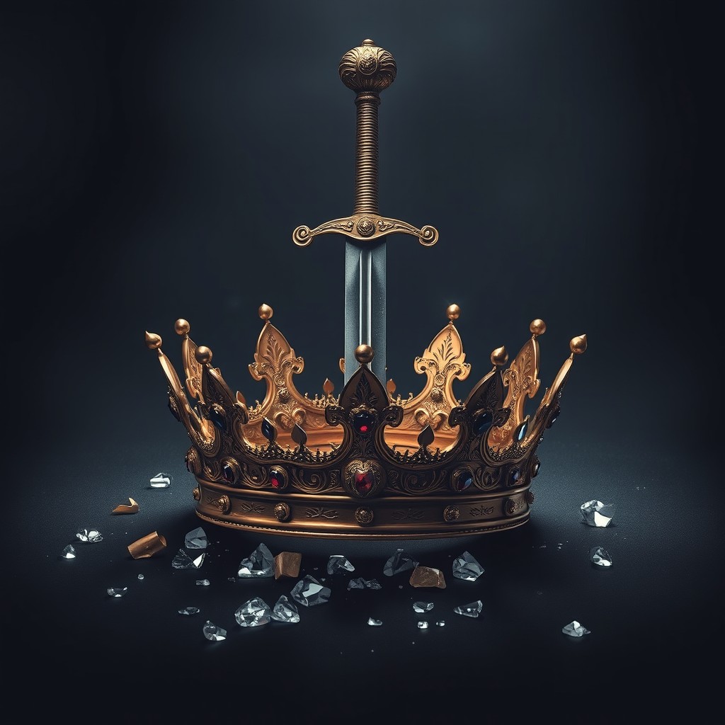 A broken crown with a sword piercing through it, symbolizing defeat and loss of power