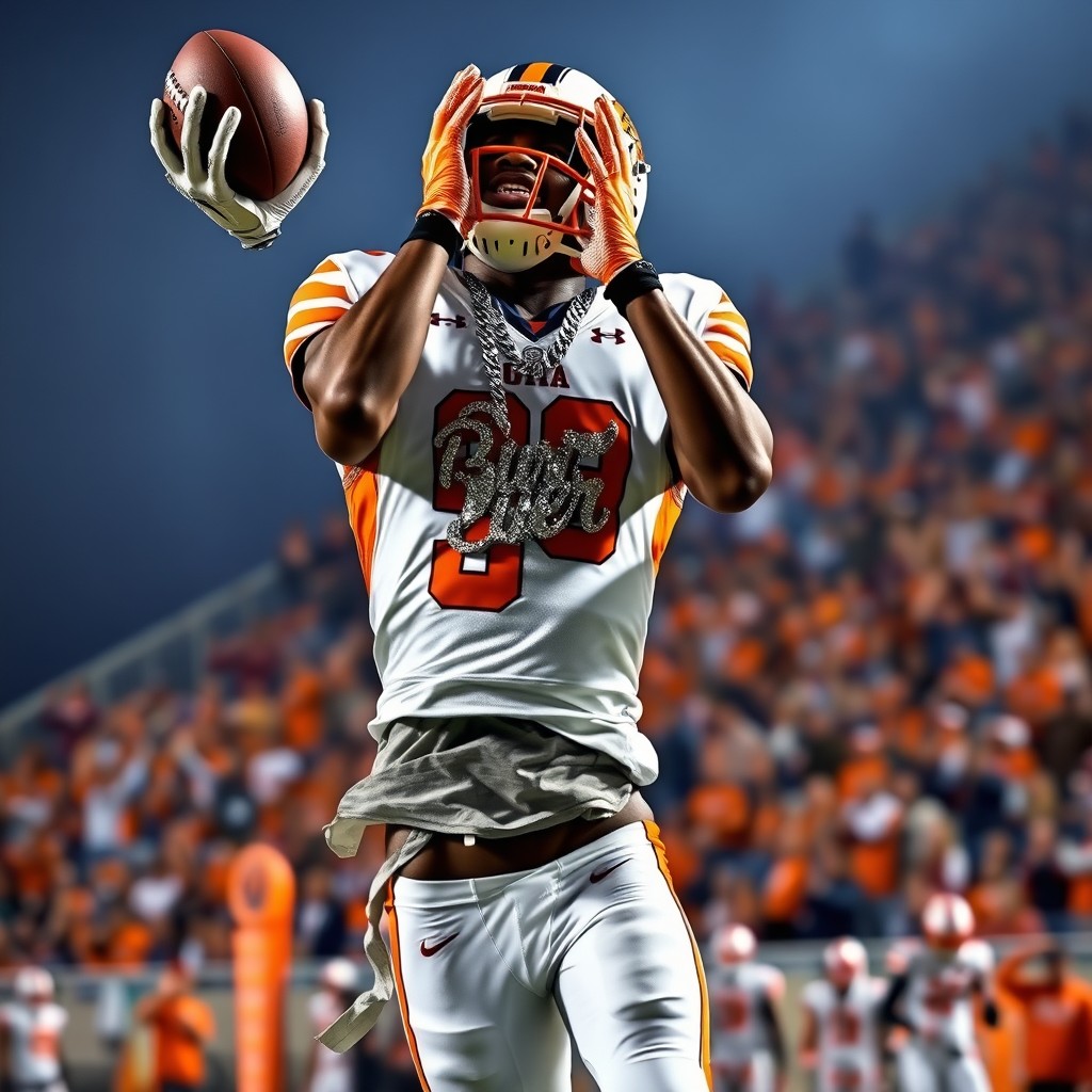 A wide receiver making an incredible leaping catch during a football game for a team called the White Tigers