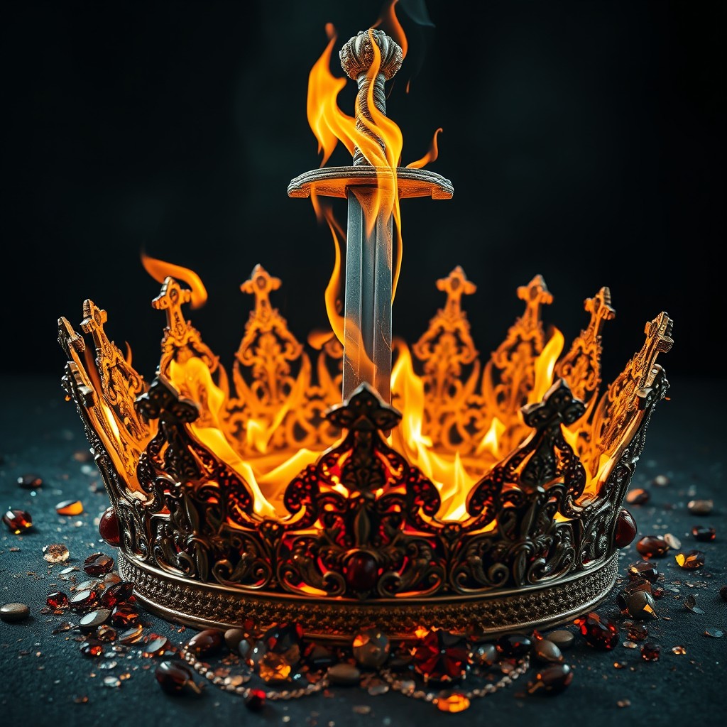 An extravagant shattered crown with intricate designs and jewels scattered