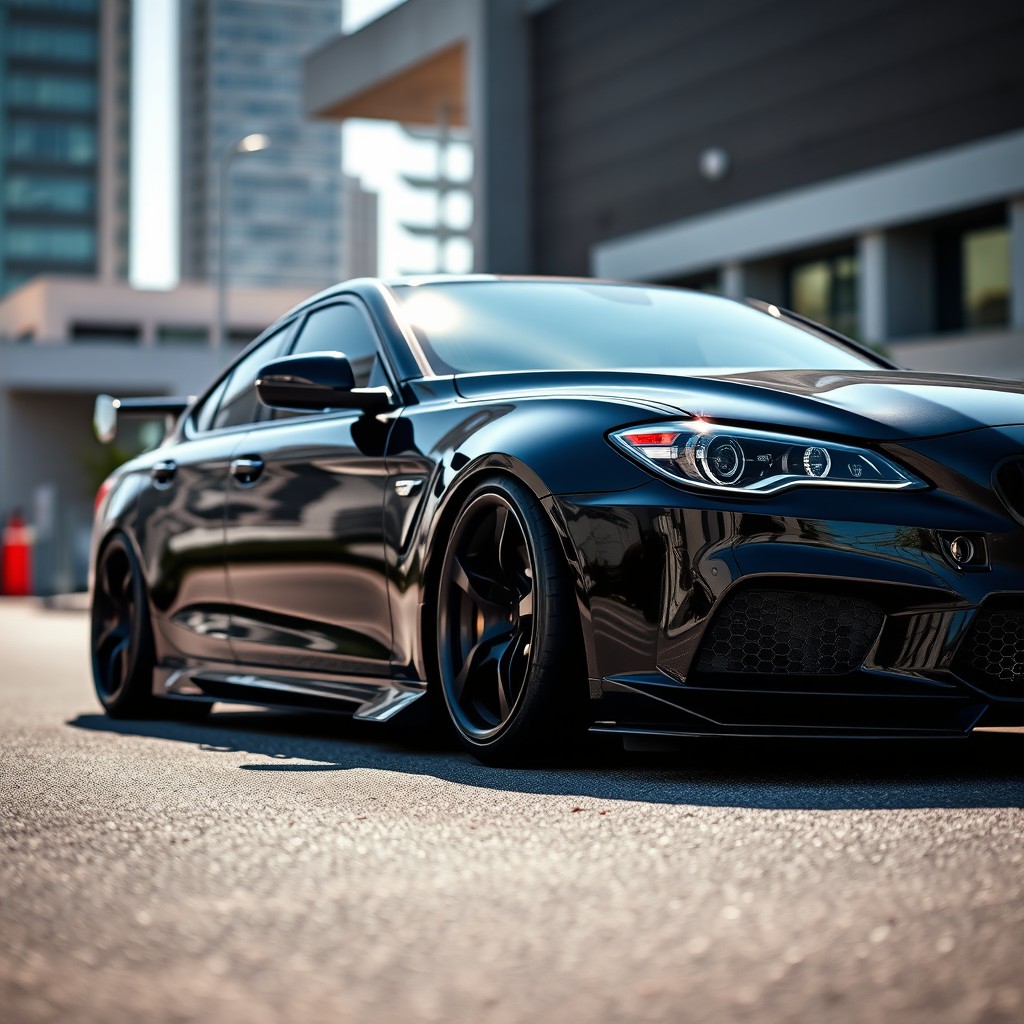 A sleek black car with a lowered suspension and black wheels, showcasing a stylish and aggressive stance