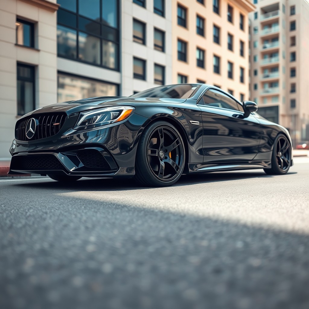 A sleek, lowered black car with black wheels, exhibiting a modern and sporty vibe