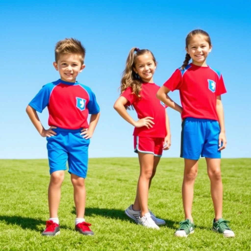 A boy and a girl wearing Kiddie Crew Bootcamp Edition uniforms, standing apart from each other