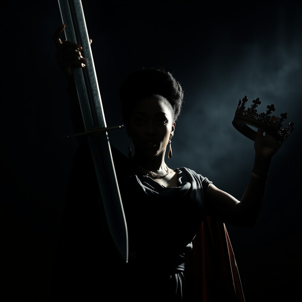 A powerful silhouette of a Black woman holding a sword high in triumph, a bloody crown clutched in her hand