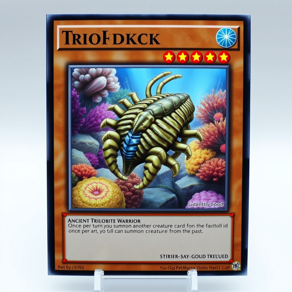 A Yu-Gi-Oh style trading card featuring a trilobite
