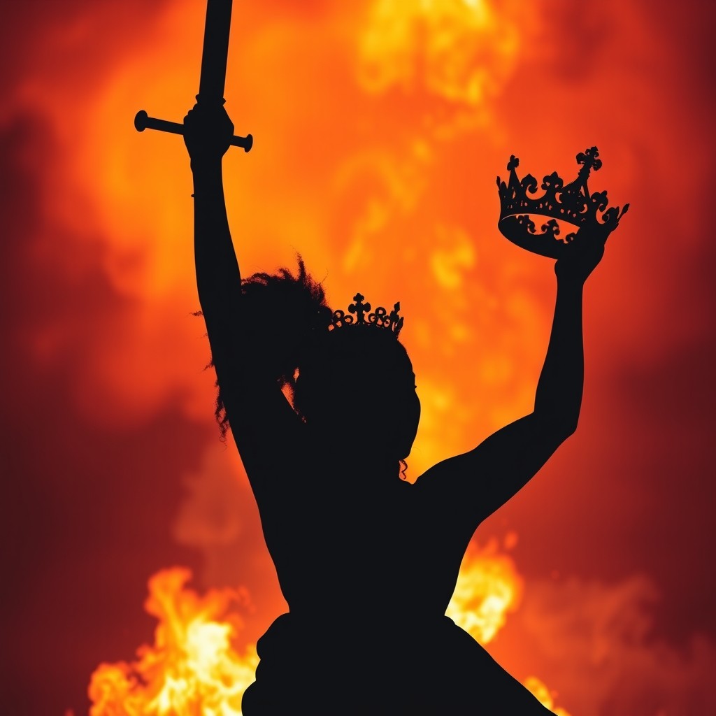 A powerful silhouette of a Black woman holding a sword high in the air, symbolizing victory