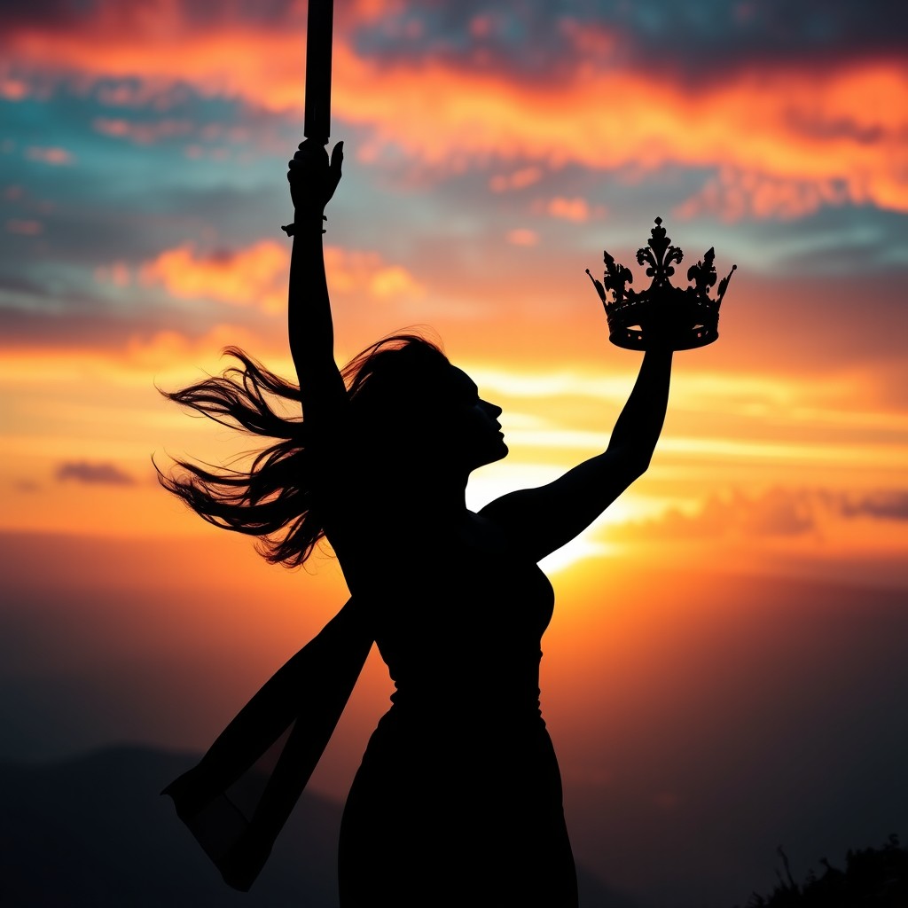 A powerful silhouette of a black woman triumphantly holding a sword high above her head in one hand, while grasping a bloody crown in the other, symbolizing victory