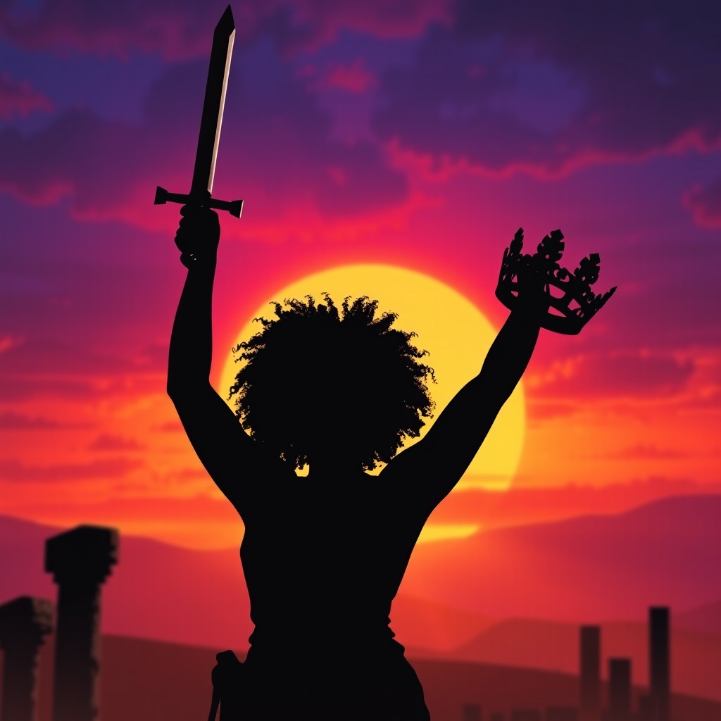 A silhouette of a proud Black woman with curly hair, triumphantly holding a sword aloft in one hand while grasping a bloodstained crown in the other