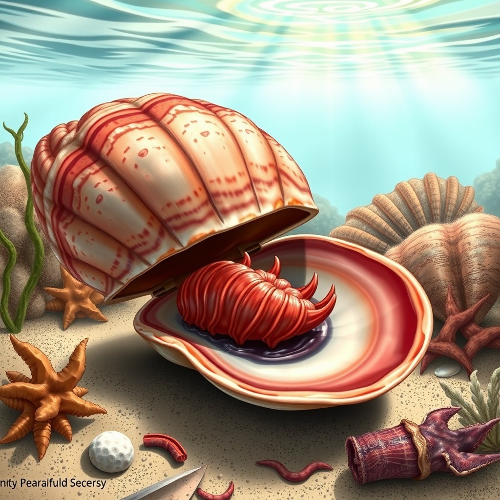 A detailed scientific illustration of a Blood Cockle clam, showcasing its biological characteristics