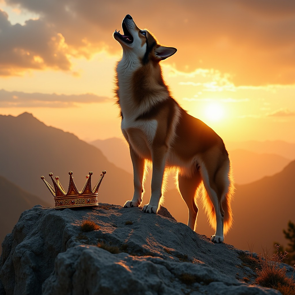 A majestic dog standing on a rocky mountain peak, howling loudly towards the sky