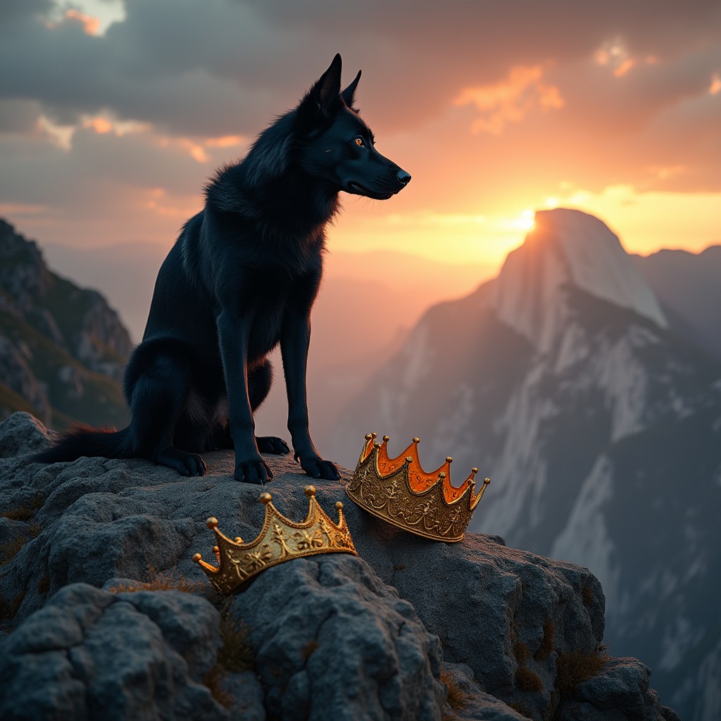 A fierce black dog standing confidently on a tall mountain, its powerful figure silhouetted against a dramatic sky