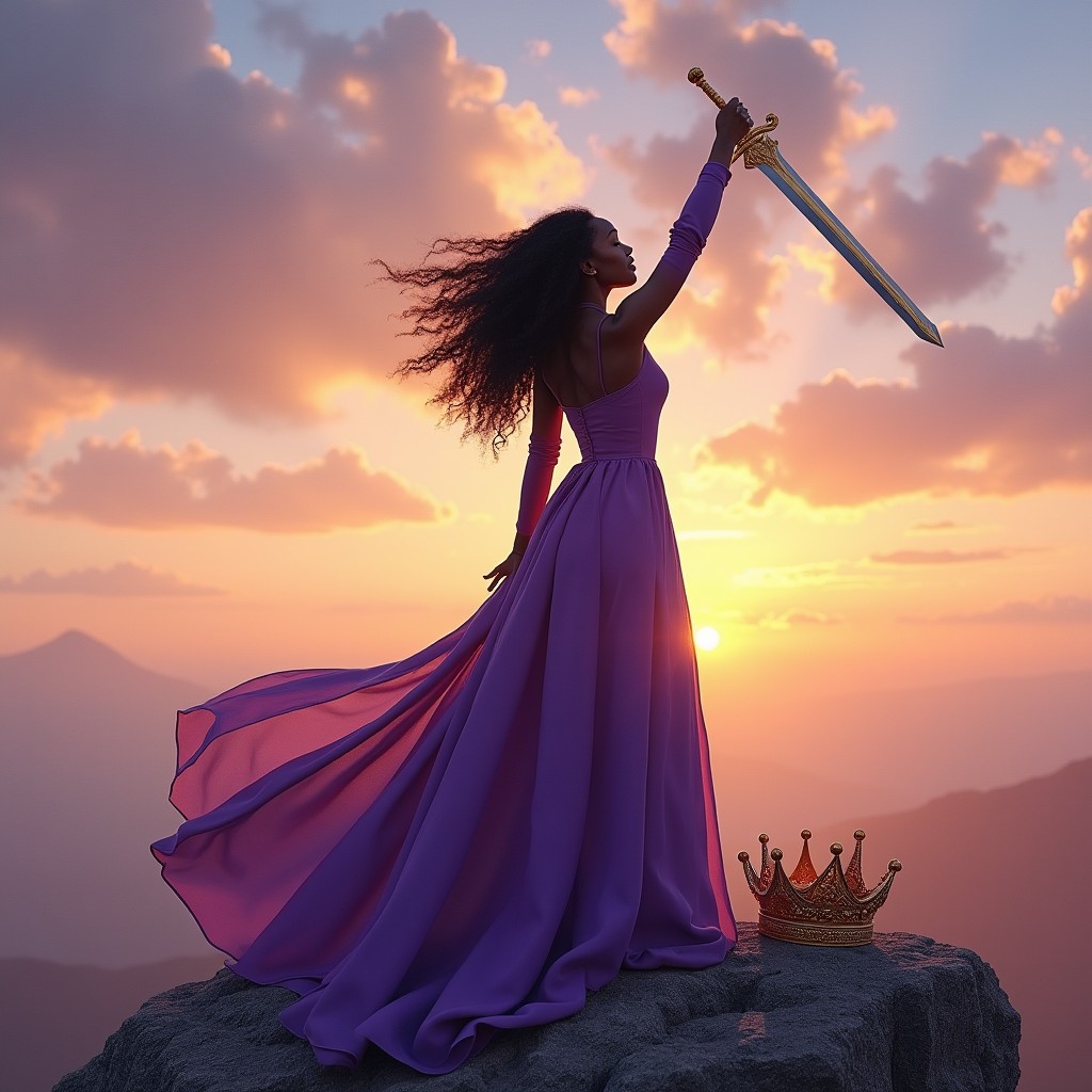 A beautiful black woman standing triumphantly on a rocky mountain peak, wearing a stunning purple long sleeve gown that flows gracefully in the wind