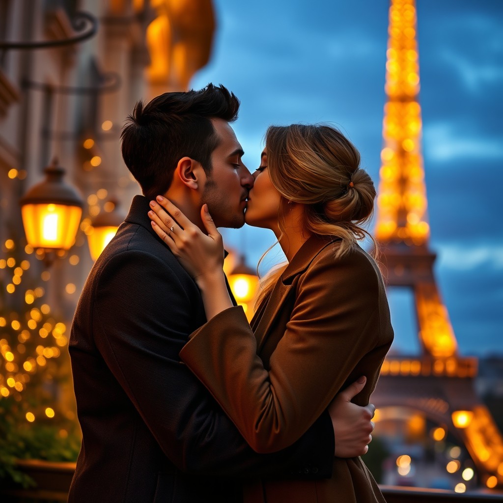 A romantic scene capturing a passionate French kiss between a couple in an elegant Parisian setting