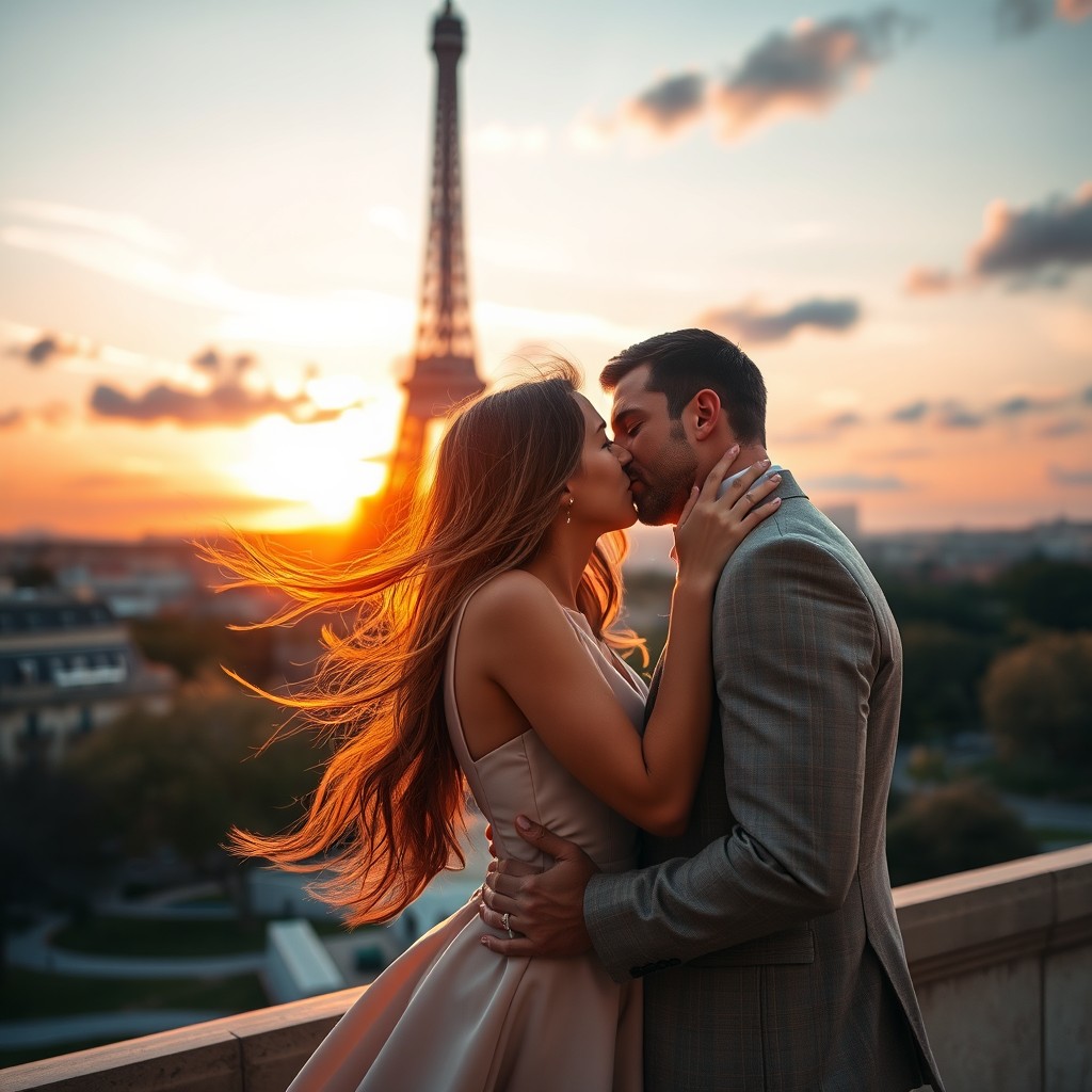 A romantic scene depicting a passionate French kiss between a stylish couple in a picturesque Parisian setting