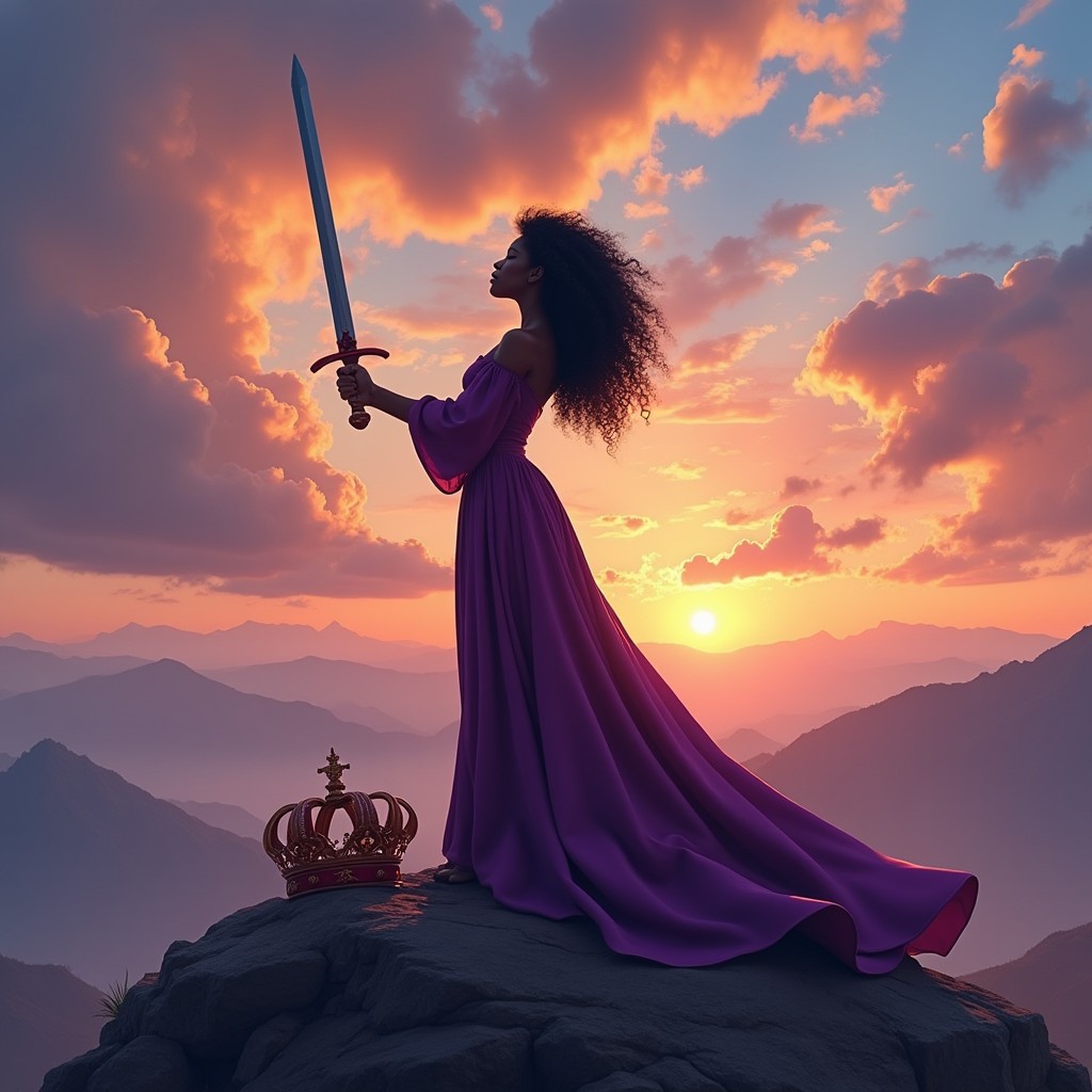 A beautiful black woman with curly hair wearing a stunning purple long sleeve gown while standing triumphantly on a majestic mountain