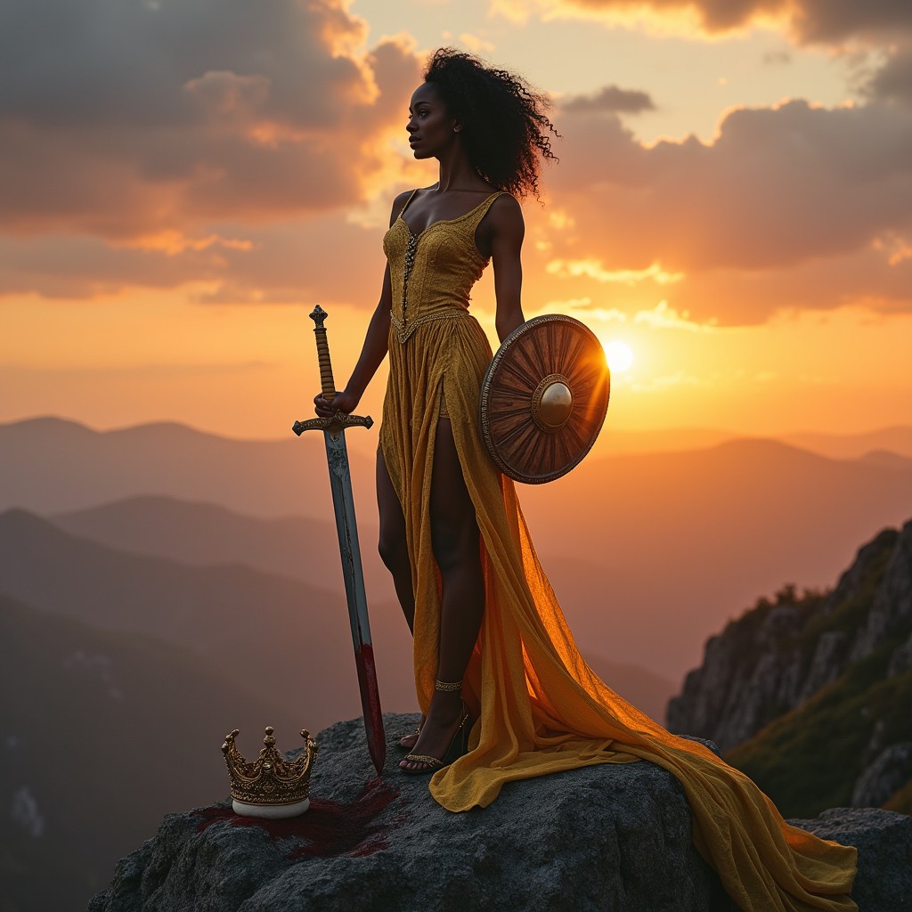 A beautiful black woman adorned in a stunning gold long sleeve gown, her hair styled in elegant coils, stands triumphantly on a majestic mountain peak