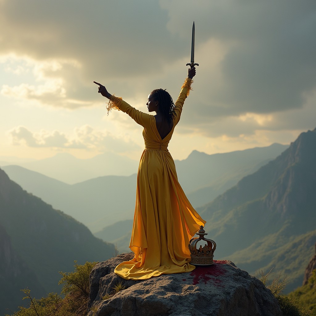 A stunning black woman with beautifully coiled hair, elegantly draped in a gold long sleeve gown, stands triumphantly on top of a majestic mountain