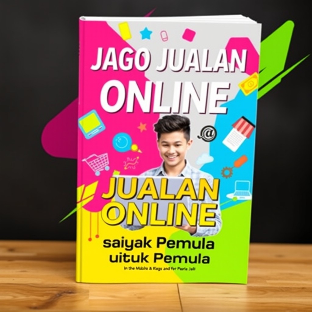 A vibrant and engaging ebook cover design featuring the title 'Jago Jualan Online untuk Pemula' prominently displayed in bold, modern typography
