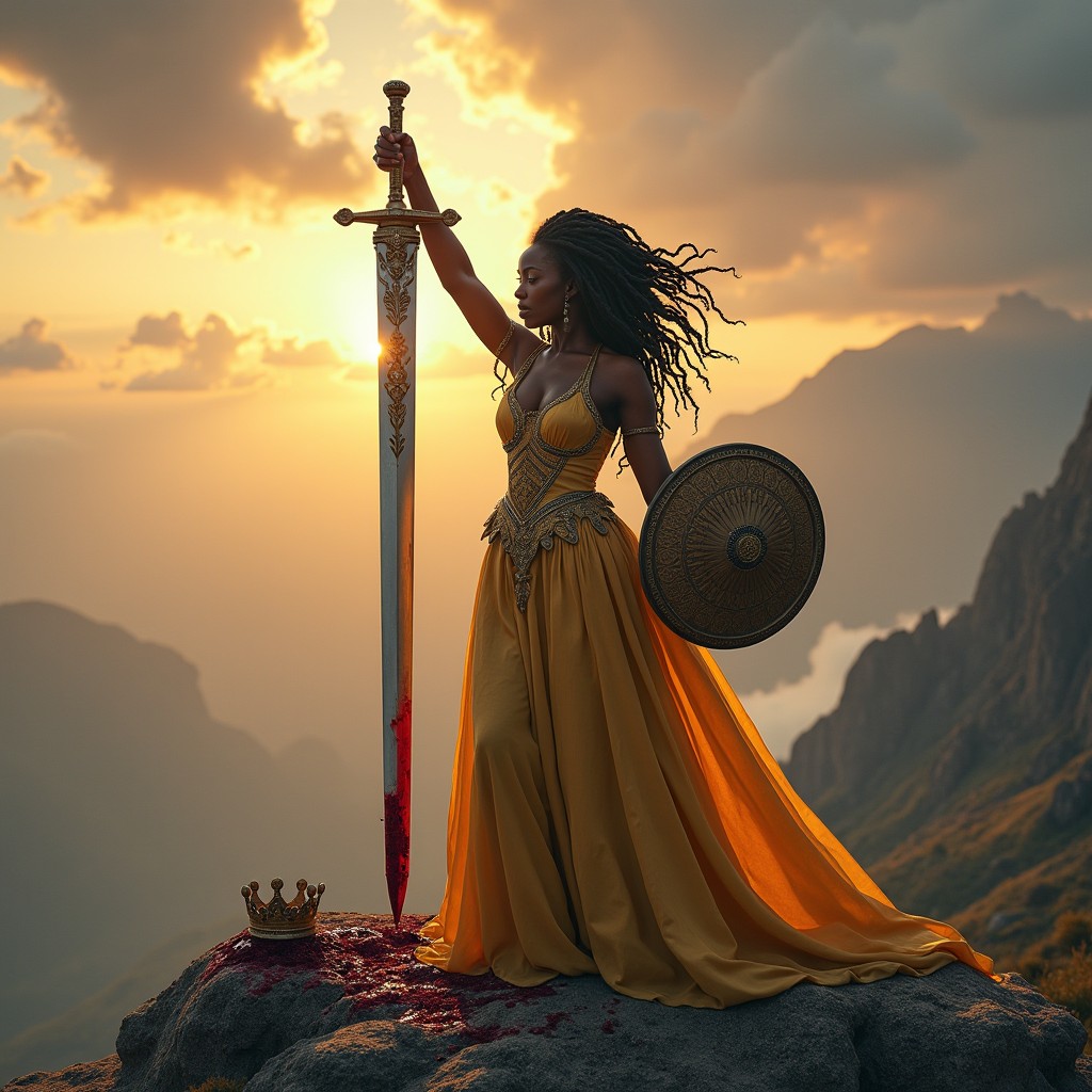 A beautiful black woman with intricate coils in her hair, wearing a stunning long sleeve gold gown