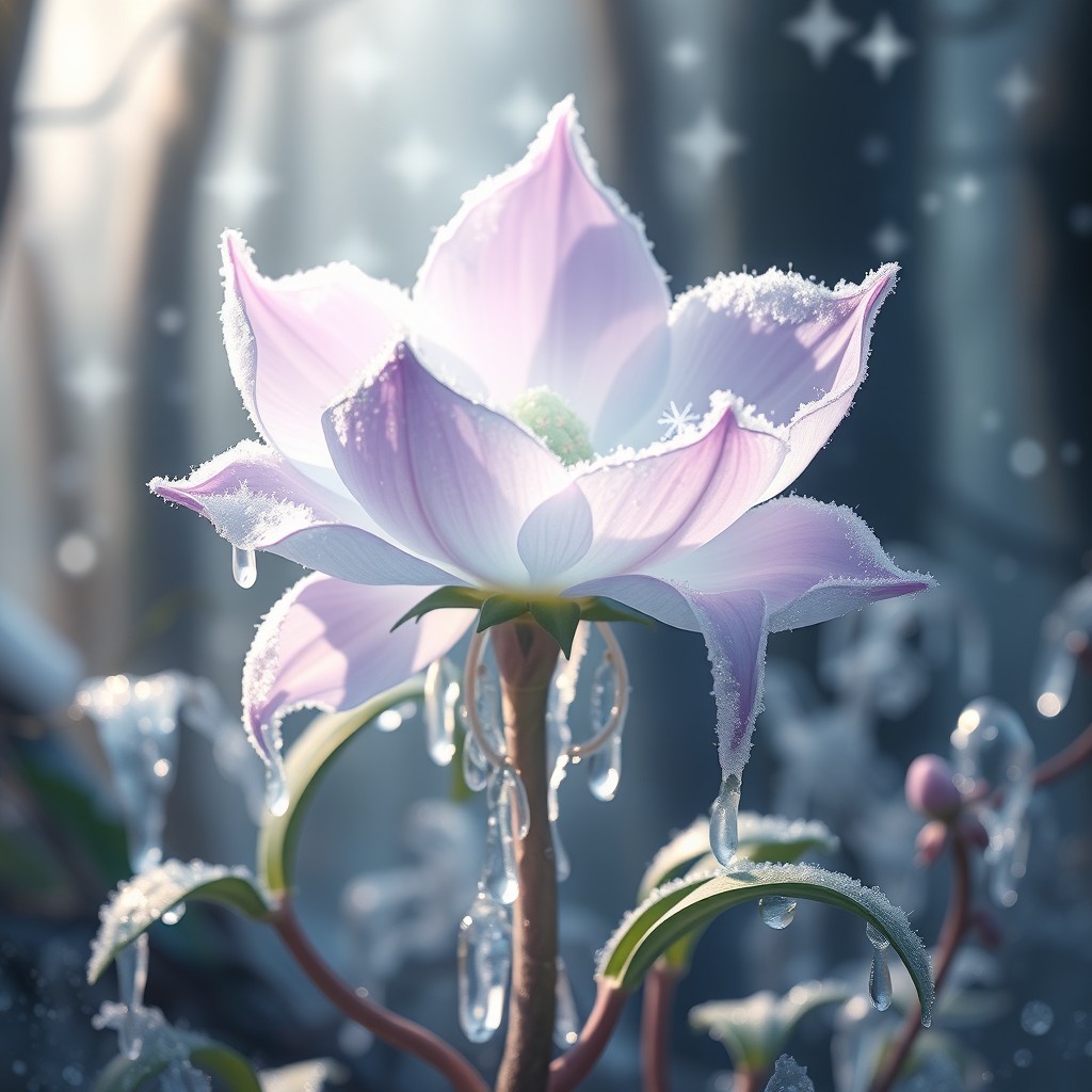 A mythical flower called Lunebloom, featuring lilac and white mixed colors, delicately blooming in a mystical forest