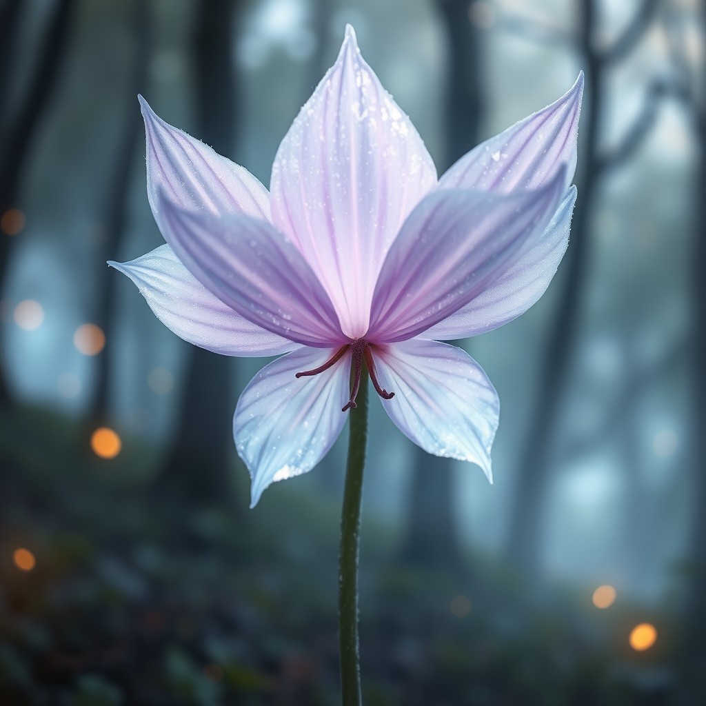 A mythical flower known as Lunebloom, characterized by its beautiful lilac and white mixed colors