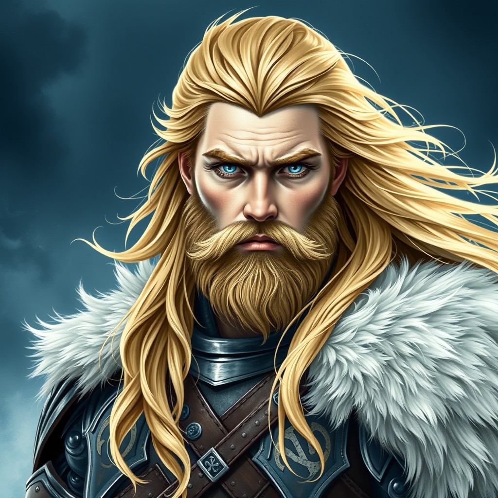 A book cover featuring a tall and robust warrior with a flowing mane of blonde hair cascading in golden waves over his shoulders