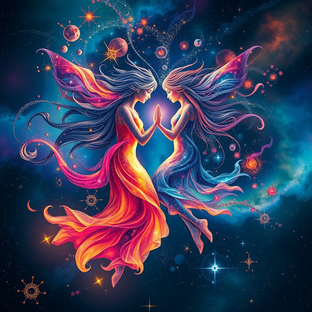 Two omniversal beings, one composed of swirling galaxies and stars, the other made of flowing energy and abstract shapes, floating in a cosmic space filled with vibrant colors and ethereal light