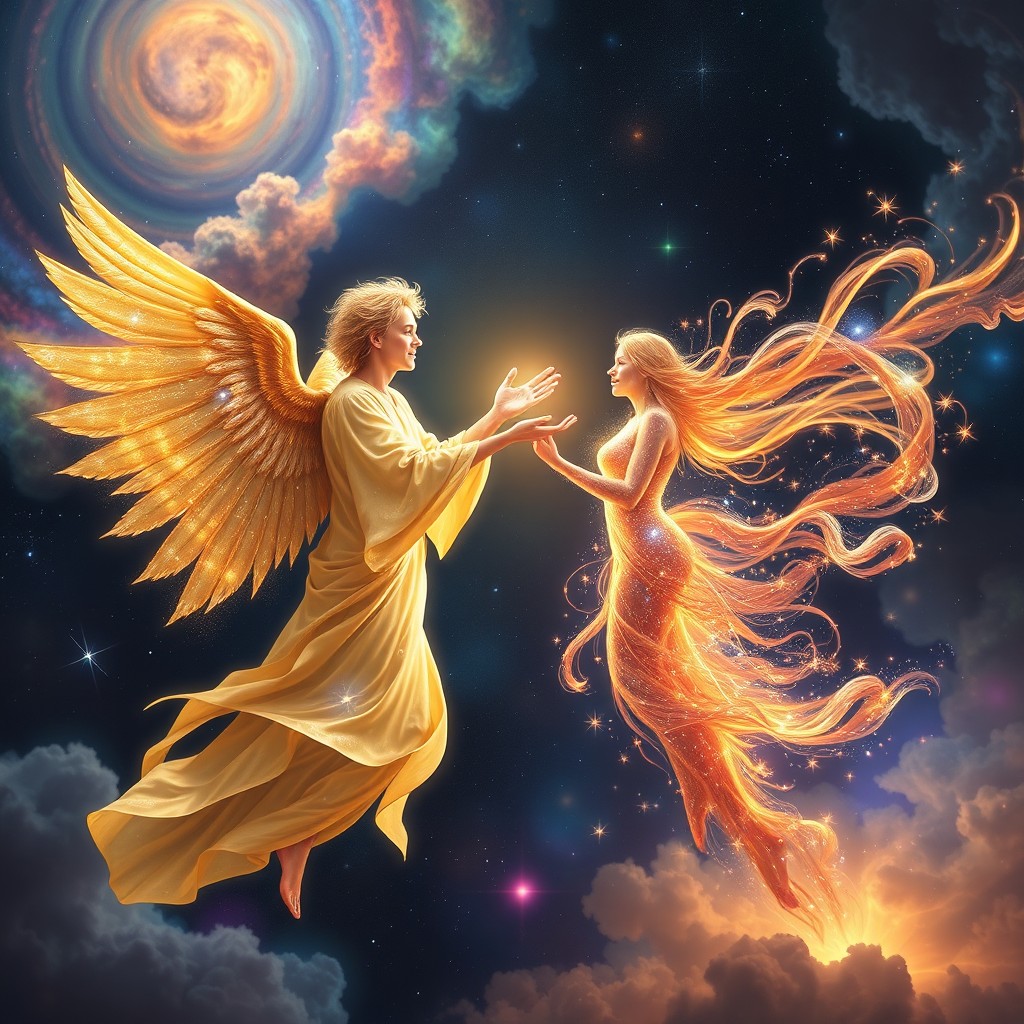 A breathtaking scene depicting two omniversal beings, radiant and ethereal, surrounded by swirling galaxies and cosmic phenomena