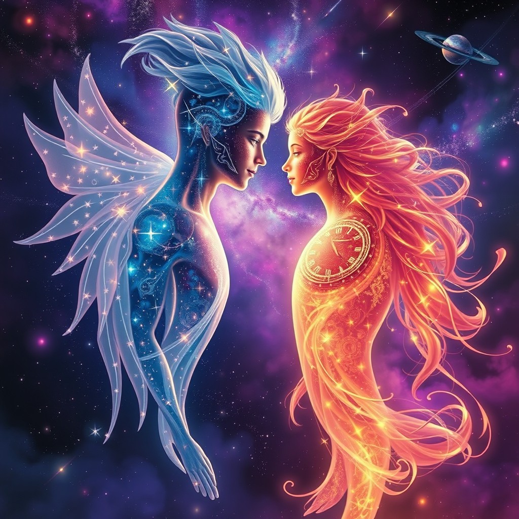 Two omniversal beings, ethereal and majestic, enveloped in swirling galaxies and cosmic energy, gazing into each other's radiant eyes filled with love