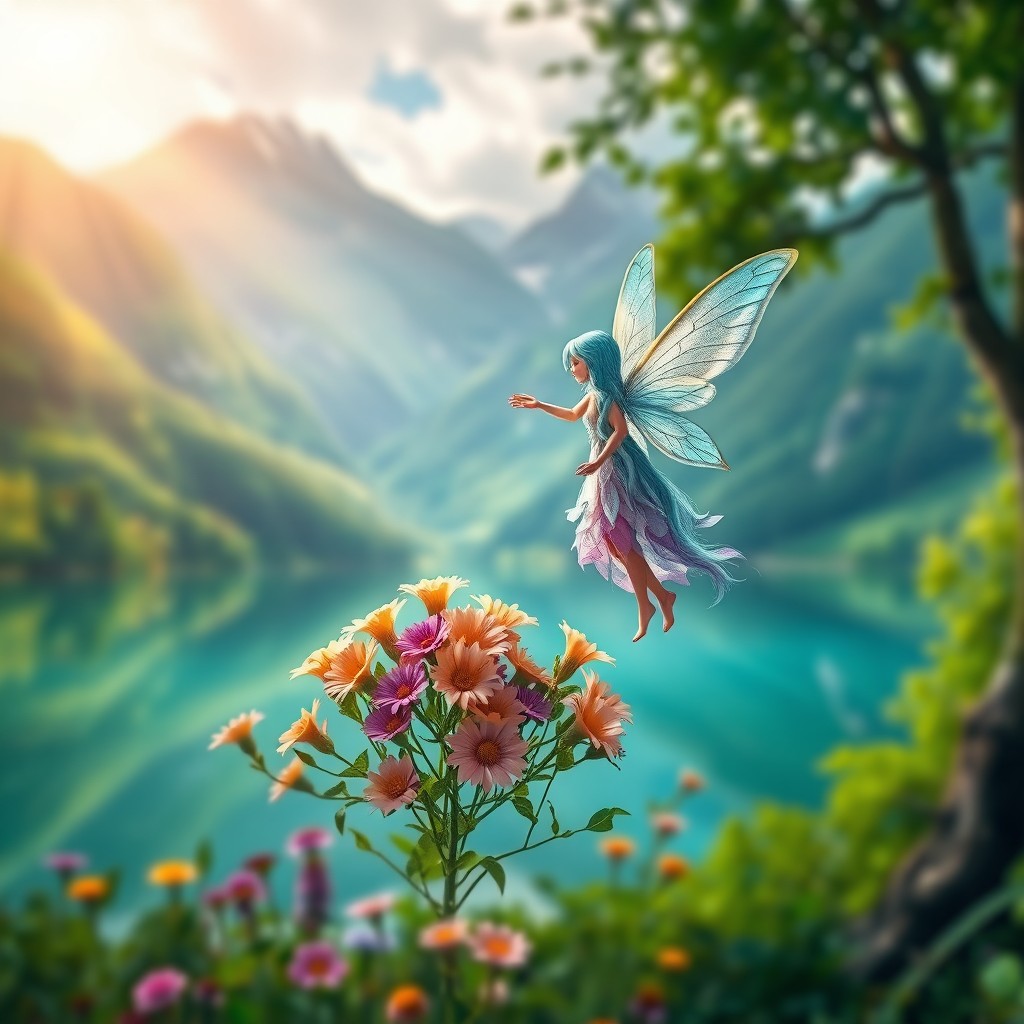Create a book cover featuring a majestic scene with lush green mountains in the background and a serene lake reflecting the sky