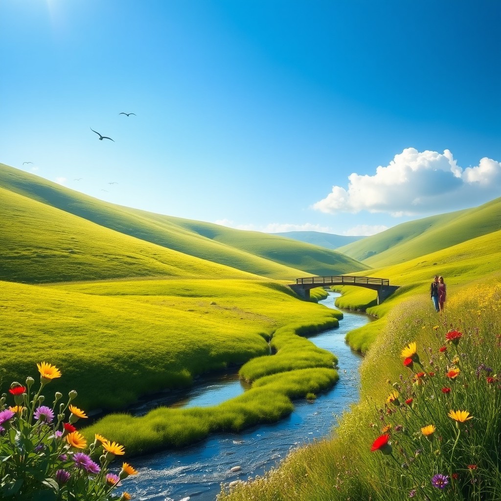 A serene landscape featuring a winding river flowing through lush green hills under a clear blue sky