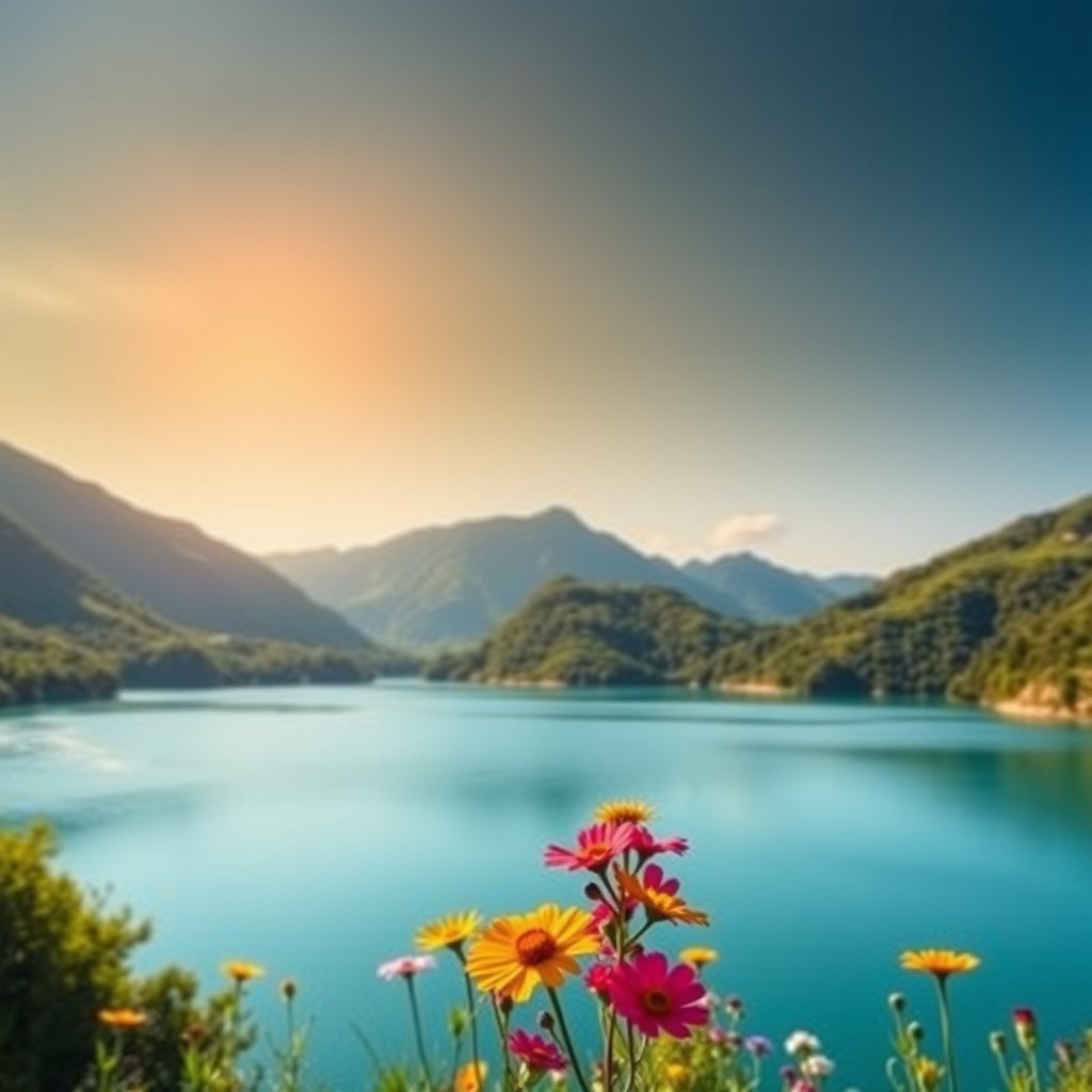 A serene landscape featuring a tranquil lake surrounded by lush green mountains under a bright blue sky, reflecting the colors of the sunset