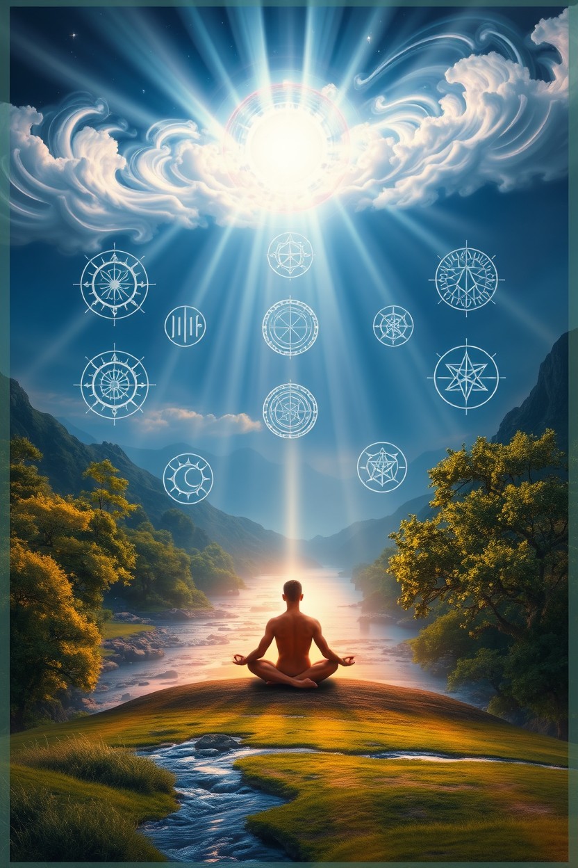 A mystical scene depicting the secrets of dimensions related to fasting and prayer, featuring a serene landscape that conveys tranquility and spirituality