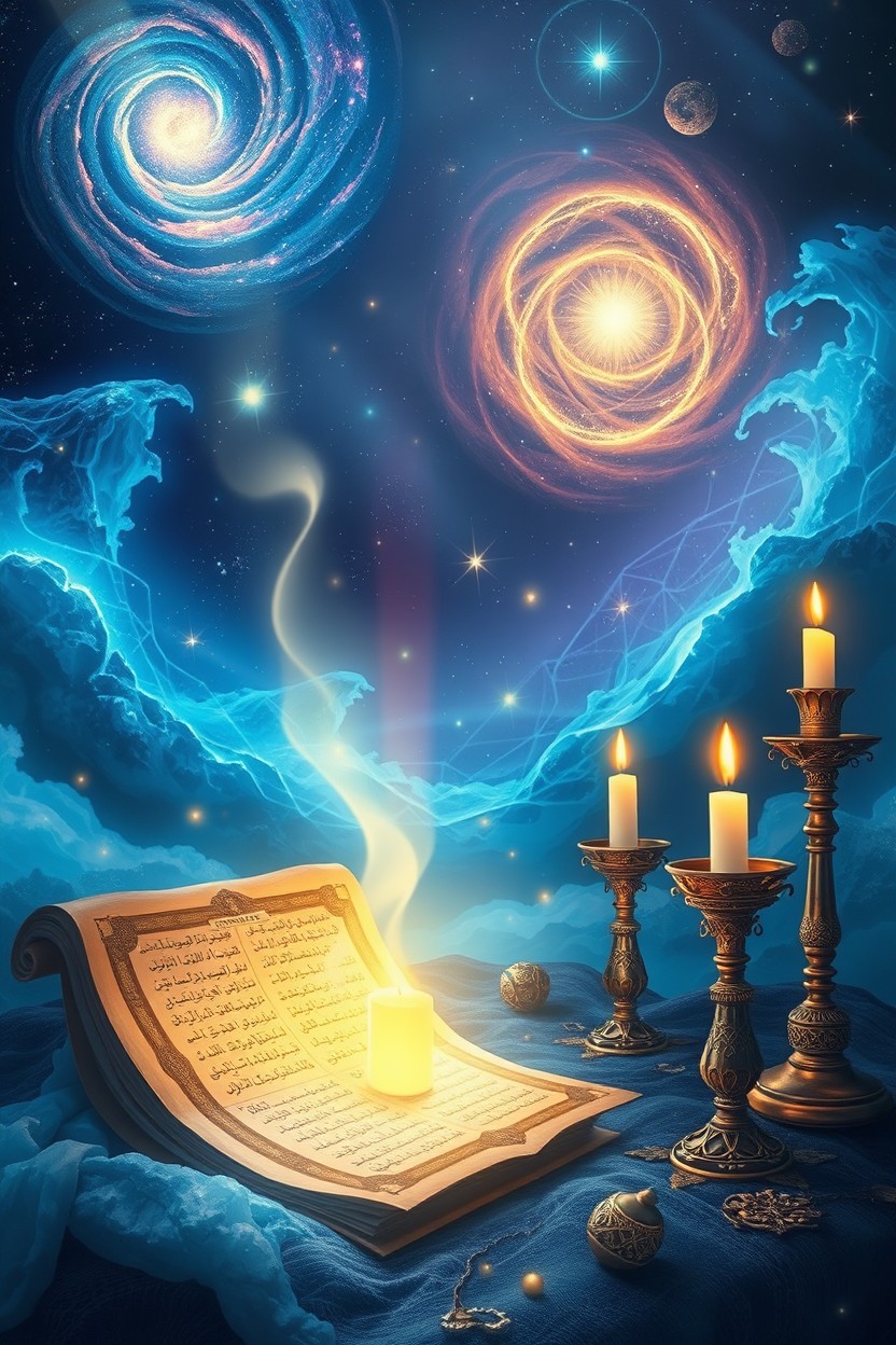 A mystical and ethereal scene depicting the secrets of dimensions related to fasting and prayer