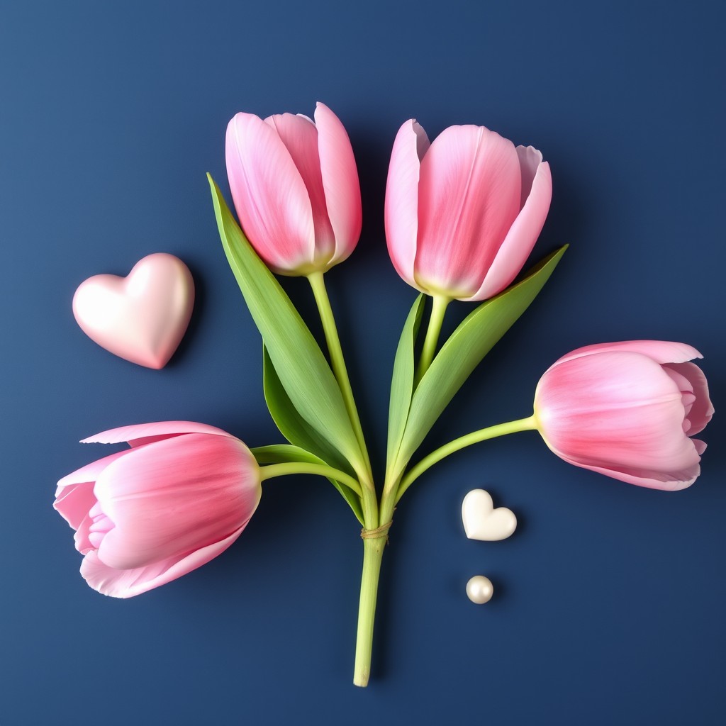 A beautiful composition featuring three pink tulips on a dark blue background, accompanied by two heart shapes and three small pearls